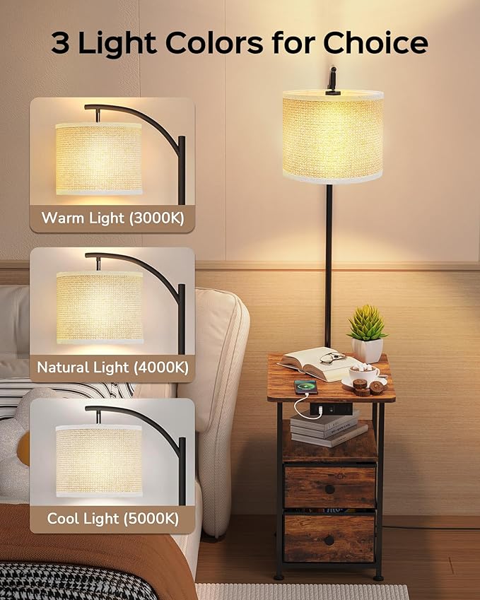 JACKYLED Floor Lamp with Table & 2 Drawers, 3-Color End Table Flood Lamp with Charging Station (USB, Type-C, AC), Vintage Side Table with Lamp for Reading, Bedroom, Living Room, Paper String Shade