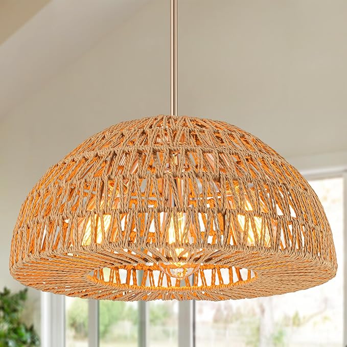 Rattan Boho Chandelier Dinning Light Fixture,17.7'' Rattan Pendant Light,Boho Hand Woven Chandelier Hanging Light Wicker Chandeliers for Kitchen Island Light Living Room Bedroom Farmhouse Nursery