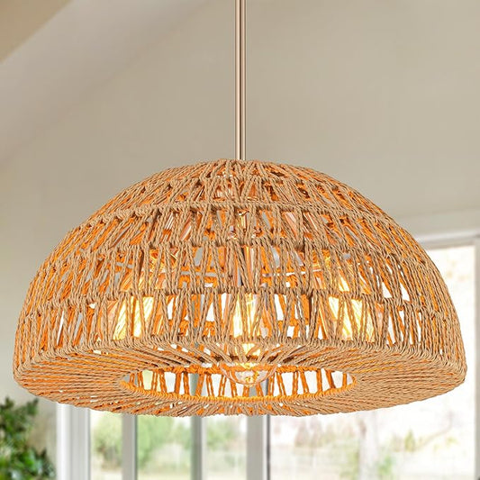 Rattan Boho Chandelier Dinning Light Fixture,17.7'' Rattan Pendant Light,Boho Hand Woven Chandelier Hanging Light Wicker Chandeliers for Kitchen Island Light Living Room Bedroom Farmhouse Nursery