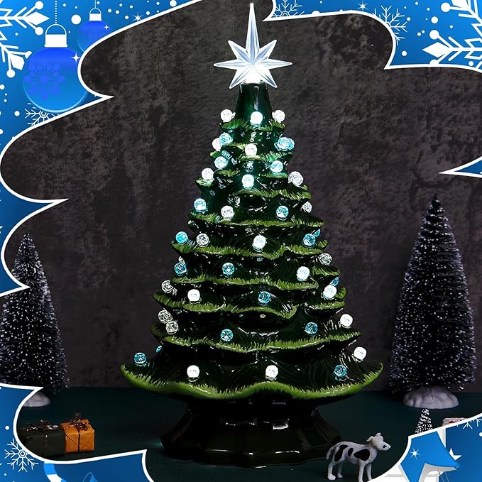 Boao 100 Pcs Ceramic Christmas Tree Bulbs with 5 Pcs Star Topper Light Ornaments Round and Heptagram Christmas Replacement Lights Bulbs for Village Xmas Tree Topper Decorations(Blue and Clear)
