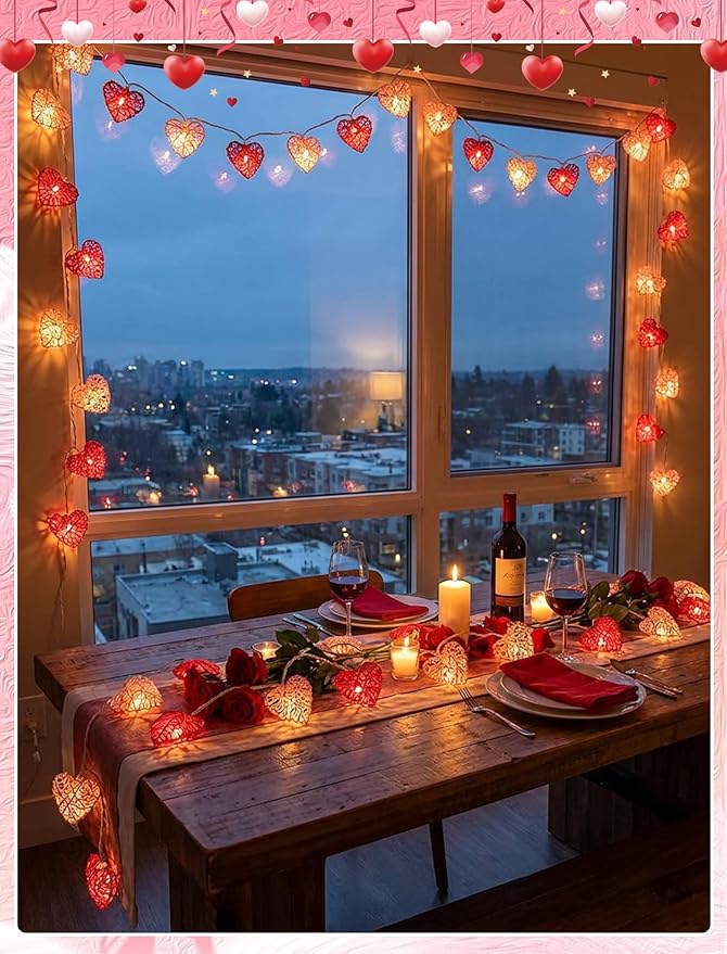8.5ft Valentine’s Day Heart String Lights Plug in, Vintage Rattan Lights with 10 LED Red Pink Shatterproof Bulbs, Fairy Lights for Indoor Outdoor Home Decor Wedding Party Birthday, Warm White