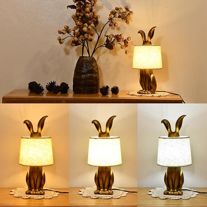 YHT Bunny Table Lamp, Cute Animal Rabbit Lamp,15.7" Vintage LED Desk Light with Linen Lampshade,Gold Main Part Beside Lamp for Bedroom, Study Room, Office, Nursery, Home Decor (Linen)