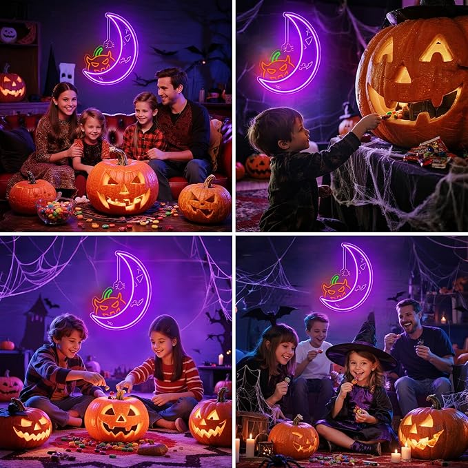 Halloween Pumpkin Moon Window Lights Decorations Indoor, Pumpkin&Moon Themed Neon Sign Decor LED Neon Lights for Wall Decor, Decorating Windows, Doors, Party (Purple)