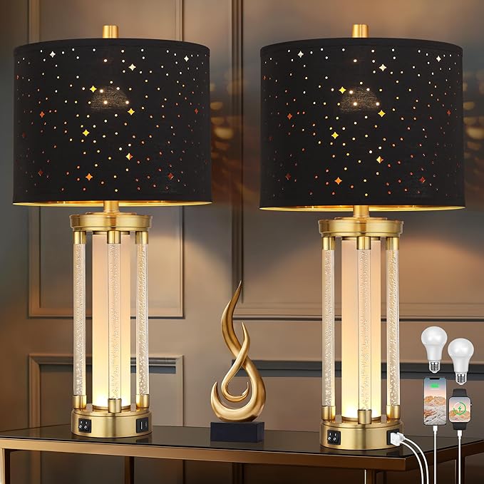 QiMH Gold Table Lamps Set of 2 with USB A+C Ports, Morden Bedside Lamps with Night Light, Unique Star Hallow Black Shade Lamp for Night Stands, Lamps for Bedroom, Office and End Tables(Bulb Included)