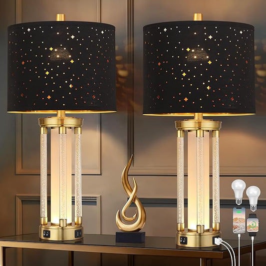 QiMH Gold Table Lamps Set of 2 with USB A+C Ports, Morden Bedside Lamps with Night Light, Unique Star Hallow Black Shade Lamp for Night Stands, Lamps for Bedroom, Office and End Tables(Bulb Included)