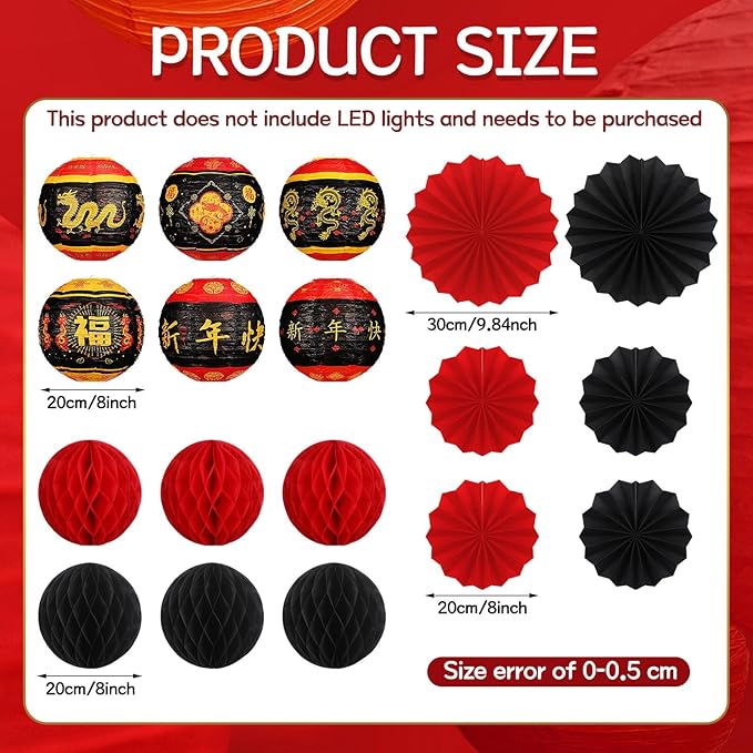 Retisee 18 Pcs 2026 Chinese Lunar New Year Decorations Lunar New Year Paper Lanterns Hanging Paper Fans Red and Black Honeycomb Balls Chinese Lanterns Asian Decor for Spring Festival Celebration