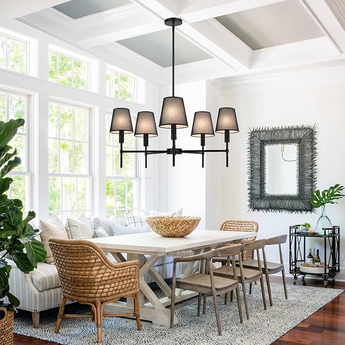 5 Pack Black Chandelier Shades, 4" Top x 6" Bottom x 6" High Barrel Lamp Shade, 4.0x6.0x6.0 Inch Linen Fabric, Perfect Fit for 5-Light Pendant Light Wall Sconce, Clip On Bulb E12 Socket(Large Size)