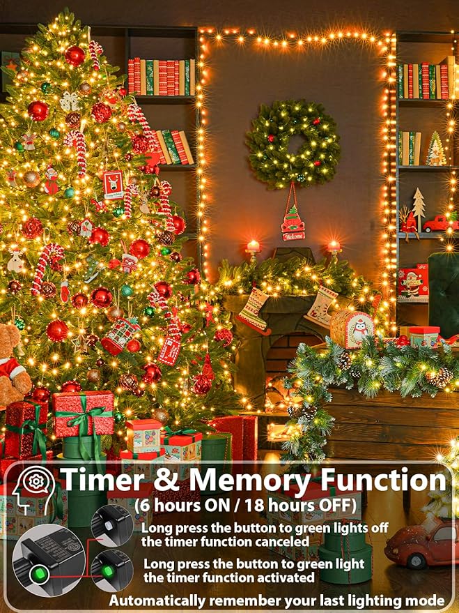 Upgraded Super Long 264FT 800 LED Christmas String Lights Outdoor & Indoor, Memory Function Timer and 8 Modes, Green Wire Waterproof String Lights for Xmas Tree Holiday Party Garden Decor (Warm White)