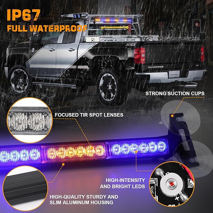 XRIDONSEN 35 inch Amber Blue Traffic Advisor Light Bar 48 LED Emergency Strobe Lights Safety Warning Lights Front/Rear Window w/Display Controller for Firefighter Police Vehicles Trucks