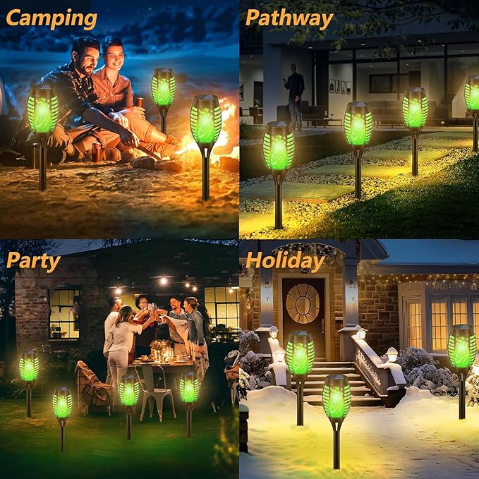 8 Pack Solar-Powered Flashlight Torches for Outdoor use, Dancing and Flickering Flame Torches for Landscape Decoration, Suitable for Paths, lawns, terraces (Green)