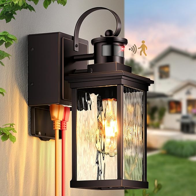 Exterior Lighting Fixtures Wall Mount for Garage with GFCI Outlet, Oil Rubbed Bronze Gold Trim Farmhouse Motion Sensor Porch Lights Outdoor, Outside Sconces for House with Water-Ripple Glass
