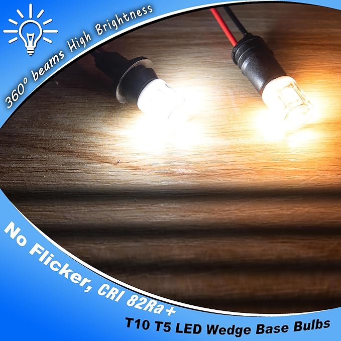 T5 T10 Wedge Base 921 194 LED Light Bulb AC/DC12-24V 6000K Daylight White 300lm 3W Equivalent 25W 30W Incandecent Bulbs for Car RV Camper Landscape Patio Driveway Malibu Lighting, 12 Pack