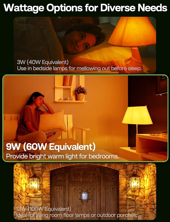 Amber Light Bulbs for Sleep: 9W Amber Warm 1800K, Blue Blocking Dim Bulbs 60W Equivalent, E26 Bulb for Mood Soothing, Bedroom and Baby Nursery Light, 2 Pack