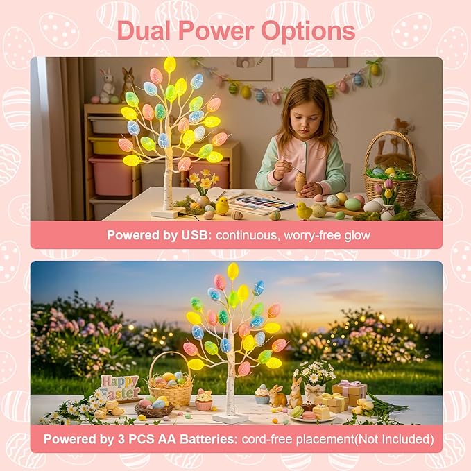 Easter Decorations - 2 FT Artificial Birch Tree with 24 Warm Led Light Colorful Eggs - Easter Tree Decor for Office Home Bedroom Table Mantel, USB or Battery Powered