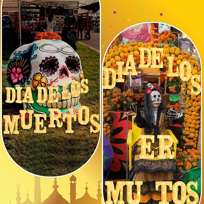 15 Pcs Day of The Dead Decorations Dia De Los Muertos Large LED Letter Signs LED Lights Battery Powered Table Decorations for Mexican Fiesta Party