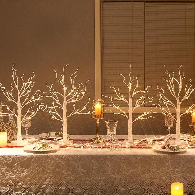 Vanthylit Christmas Tree Decorations, White Birch Tree with LED Lights- Set of 4, Warm White Small Tree Lights Battery Powered/USB, Timer Lighted Tree for Home Wedding Indoor Outdoor Decor (2 FT)