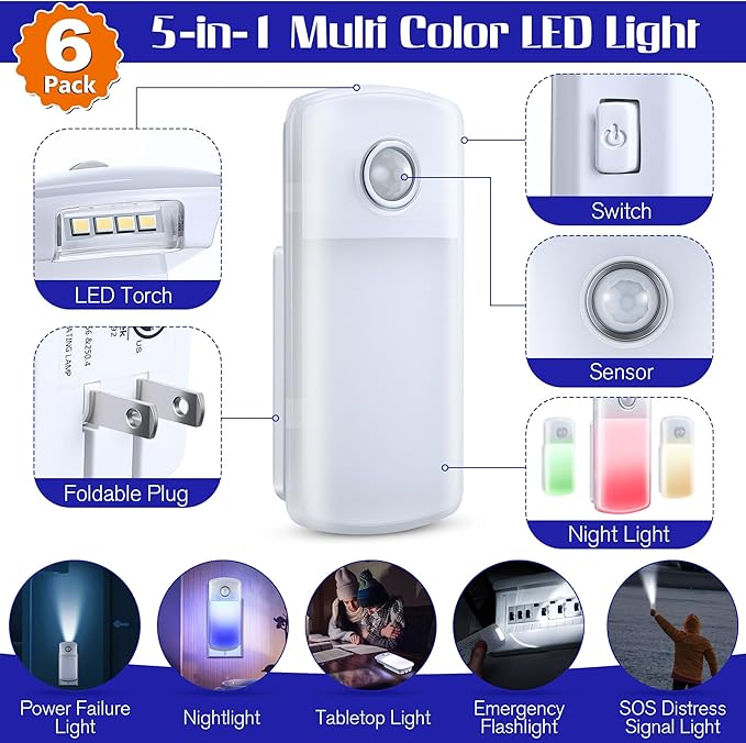 Enhon Emergency Power Failure Night Lights, 5-in-1 Multi Color LED Light, Rechargeable Flashlight with Foldable Plug, Automatic On Off Motion Sensor for Bedrooms, Hallways, Black Outs(6 Pack)
