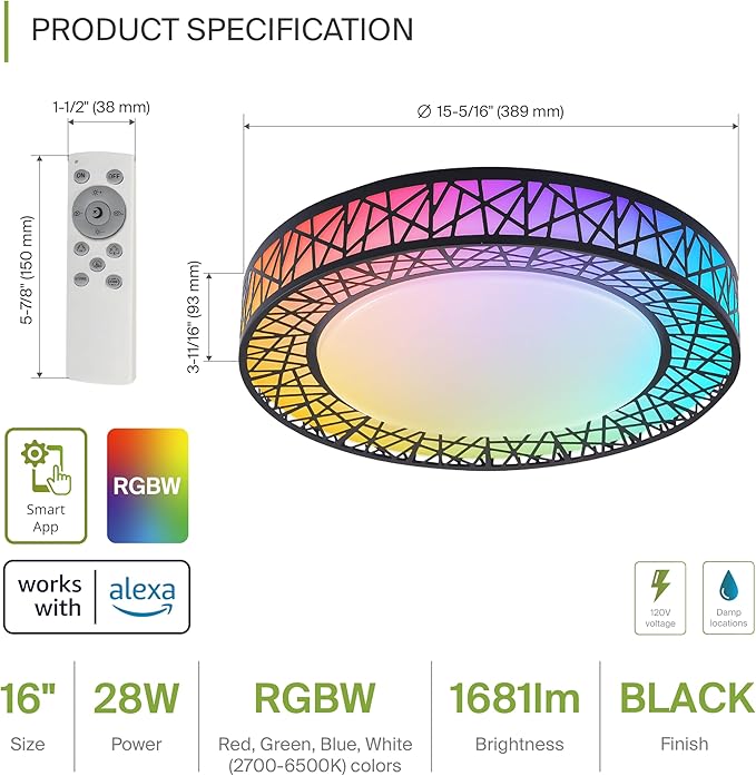ASD 16 Inch Smart RGBW Flush Mount Ceiling Light with Remote - Matte Black 28W 120V 2700-6500K Dimmable Ceiling Light Fixture, WiFi App Control RGB Lights, Alexa & Google Assistant - ETL, 4 Pack