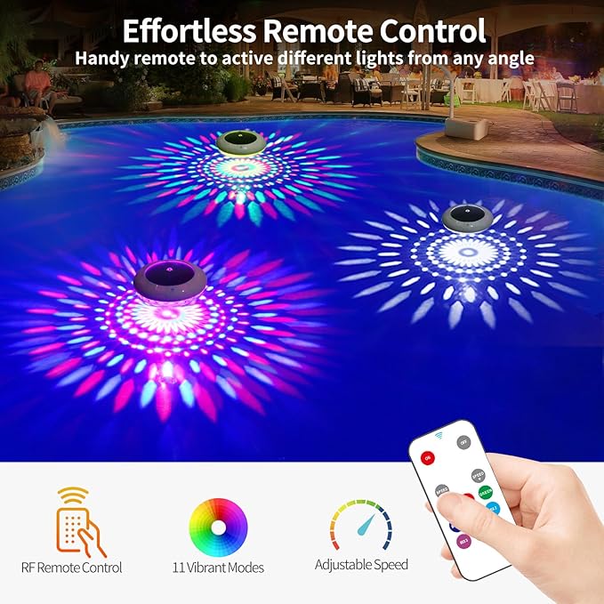 Floating Pool Lights w/Remote, 6.5 Inch RGB Color Changing Solar Pool Lights That Float with 9 Dynamic Lighting, IP68 Waterproof Hangable Solar Floating Light for Pool Garden Weeding Decor(4)