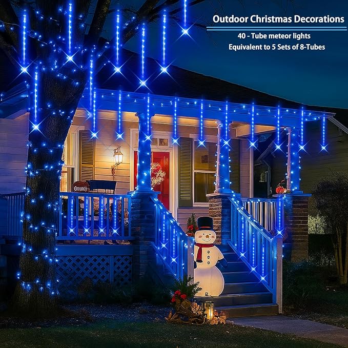 Blue Christmas Icicle Lights Outdoor: 40 Tube(Equivalent to 5 Sets of 8-Tubes) Meteor Shower Rain Lights - Waterproof Christmas Halloween Decorations for Yard Outside Tree Roof, UL Plug