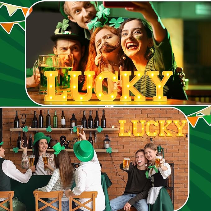 Honoson 5 Pcs St. Patrick's Day Party Decorations Lucky LED Letter Lights up Sign Irish Lucky Table Decoration for Indoor Home Shelf Patricks Day Holiday Party Suppliesn