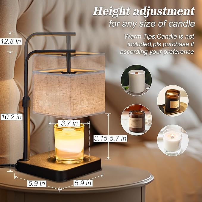 Candle Warmer Lamp with Timer & Dimmable, Height Adjustable Wax Warmer with Linen Shade & 2 Extra Bulbs, Flameless Candle Melter for Jar Candles, Gifts & Bedroom Decor