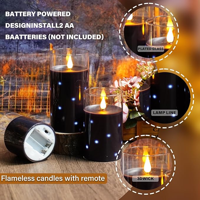 Real Wax Flameless Candles Glass,Battery Operated LED Candles with Flickering Flame,Glass Shell,Interior Star Light Decoration Set of 3 Black (D3×H 4" 5" 6") for Home Decor,Holiday Decoration