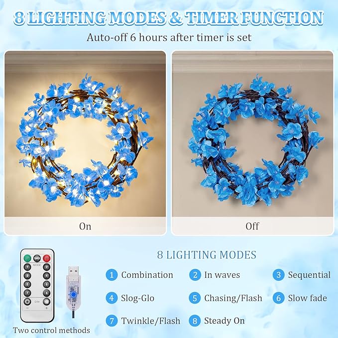 Blue Cherry Enchanted Willow Vine Lights,4FT 48 LED Cherry Blossom Lights with Remote Timer,8 Lighting Modes,LED Tree Branch Light for Wall,Cherry Blossom Wall Decor for Bedroom Living Room Windows