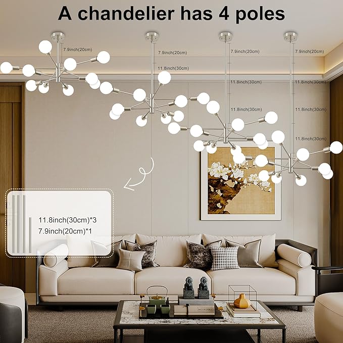 Sputnik Chandelier Modern Brushed Nickel Chandeliers Mid Century Ceiling Lighting Fixture for Living Room, Kitchen, Bedroom, Dining Room, and Farmhouse (10-Light)