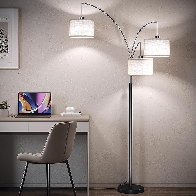 SUNMORY 3 Lights Floor Lamp with Remote Control and 3 Stepless Dimmable Bulbs, 78" Tall Standing Lamp with Hanging Drum Shade & Heavy Base, Modern Arc Floor Lamps for Living Room, Bedroom, Office