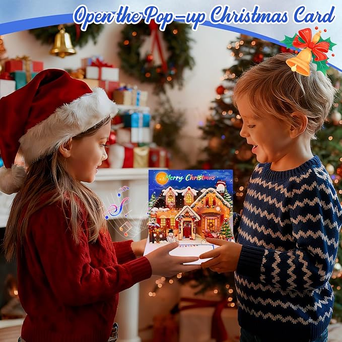 FaCraft Musical Christmas Cards, with Lights and Music, Decorated House, Handmade 3D Pop Up Christmas Card, with Envelope, Blank Insert and Seal, for Winter, Holidays, New Year