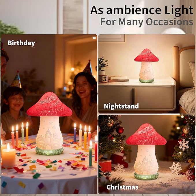 Mushroom Lamp for Bedroom - 360° Rotating Table Lamp with USB C Charging, Touch Control 3 Color Temperatures Bedside Lamp for Nightstand, Home Decor