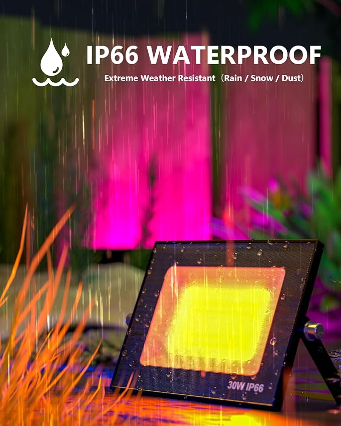 Smart Flood Light Outdoor, 30W App Controlled LED Flood Lights, RGB Color Changing & Dimmable, IP66 Waterproof Landscape Security Lighting, 2 Pack