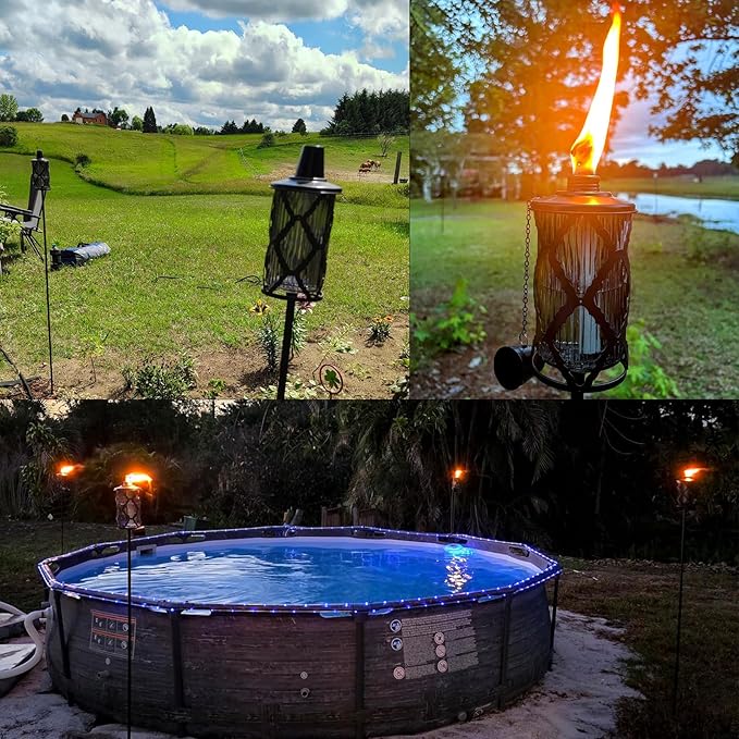 Home Garden Torch Set of 6, Large Capacity 16oz Outdoor Glass Torch Garden Décor,58-Inch Upgraded Citronella Torches with 3-Prong Grounded Stake, Torches for Party Patio Pathway