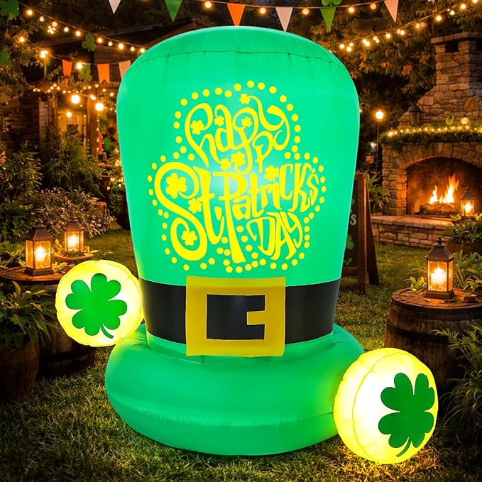 St Patricks Day Inflatables Outdoor Decorations 5FT Green Leprechaun Hat Blow Up Yard Car Roof Saint Patrick's Hats with Shamrock Party St. Pattys Inflatable Holiday Garden Patio Décor