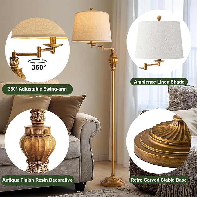 61" Vintage Floor Lamp | 350° Adjustable Swing Arm | Gold Standing Lamp | Mid Century Retro for Bedroom & Living Room