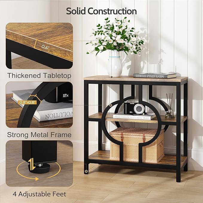 End Table Set of 2, Narrow Side Table with 3-Tier Storage Shelves, Wood Sofa Side Table with Geometric Metal Frame for Living Room, Industrial Bedside Nightstand for Bedroom (Brown)