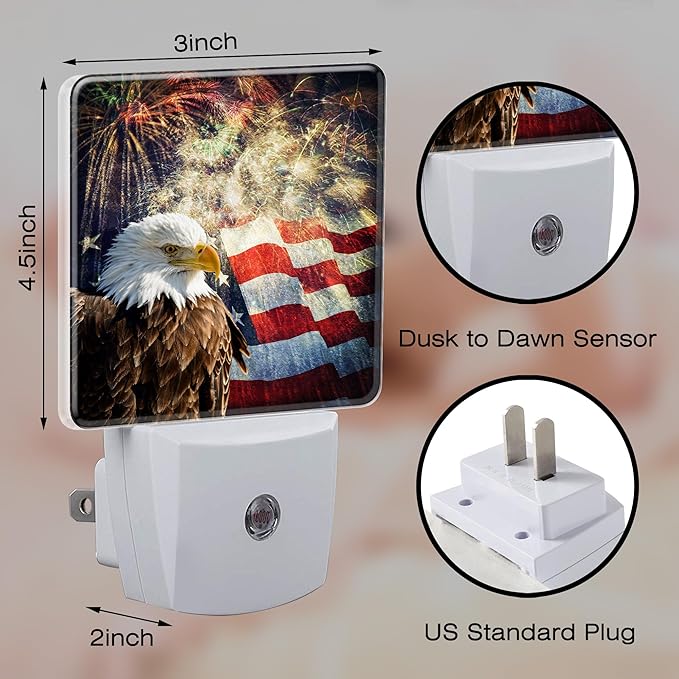 USA Flag and Bald Eagle Night Light Plug into Wall, American Patriotic Eagle Dusk to Dawn Night Light,0.5w Energy Saving Sleep Friendly Nightlights for Kids Boys Girls Home Decor