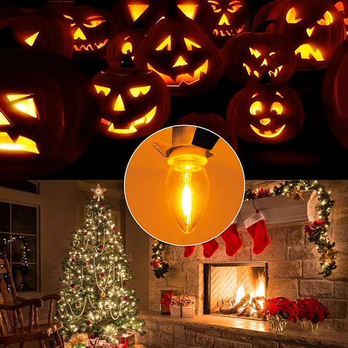 Christmas Village Lights with 4 Led Light Bulb, LED Light Bulb C7 Cord Clip Lights Christmas Halloween Cabin,Pumpkins,Outdoor Atmosphere Decoration, Holiday Craft Decorations