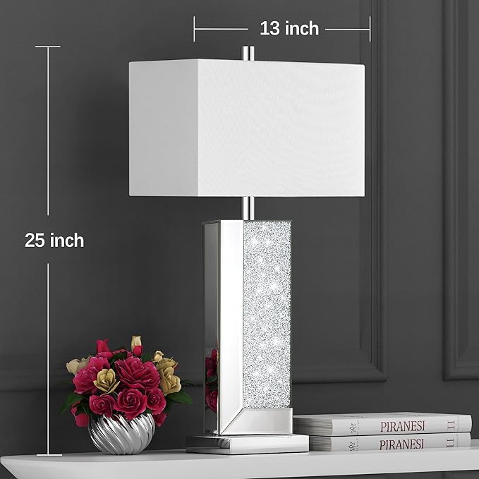 PARTPHONER Modern Mirror Table Lamp Set of 2 - Touch Control 3-Way Dimmable Bedside Lamps with USB-C/A Ports, Silver Diamond Crystal Accent & White Fabric Shade for Bedroom, Living Room, Nightstand