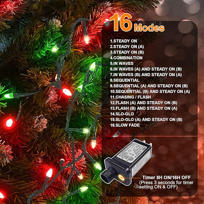 Red Green Christmas Mini Lights, 32.5FT 100 LED String Lights with 16 Light Modes, Fairy Lights Plug in for Outdoor Xmas Trees Garland Wreath Holiday Decorations