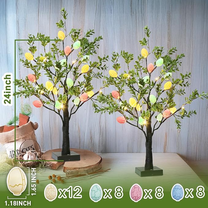 EAMBRITE Easter Decorations Easter Tree with Eggs, 2Ft Tabletop Tree with 24 LED Lights, Lighted Artificial Tree Battery/USB Operated Light up Easter Egg Tree for Spring Home Decor (2 Pack)
