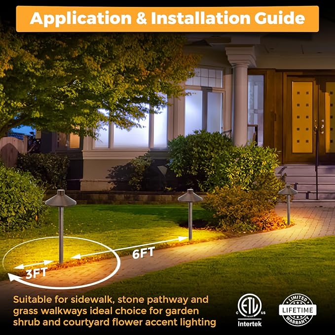Gardencoin Solid Brass Low Voltage Pathway Lights (6.7'' Shade, 21.9'' Tall), 12V AC/DC Heavy Duty LED Landscape Path Lights Outdoor Wired, Antique Bronze Walkway Lights with Larger Stake, 4-Pack