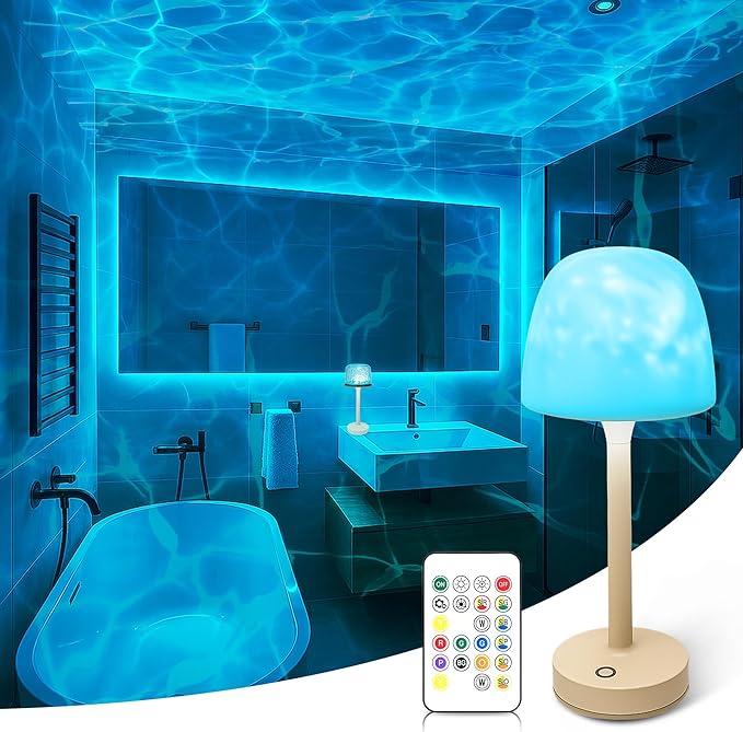 Rechargeable Shower Lights for Inside Shower, Cordless Waterproof Shower Lamp with Remote, 16 Color Changeable Ocean Wave Projector Light, LED Rotating Water Ripple Table Lamp for Bathroom, Bedroom