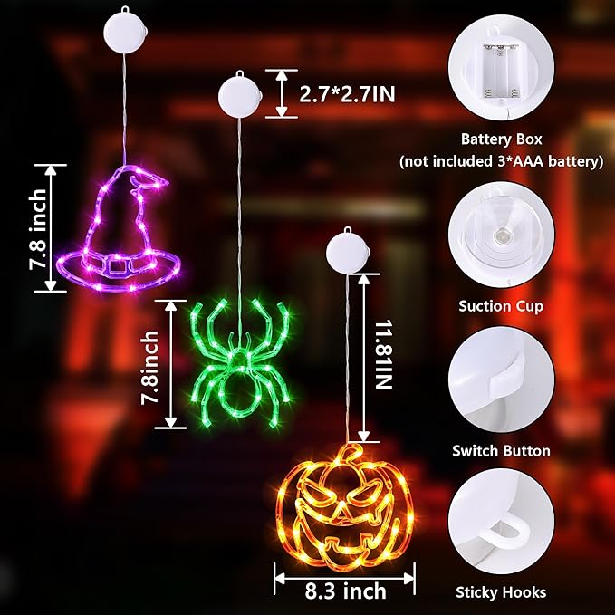 Joomer Halloween Battery Operated Window Lights, Orange Pumpkins, Purple Hats and Green Spider, Halloween Lights Decorations with Suction Cup and Timer Functions (Batteries not Included)