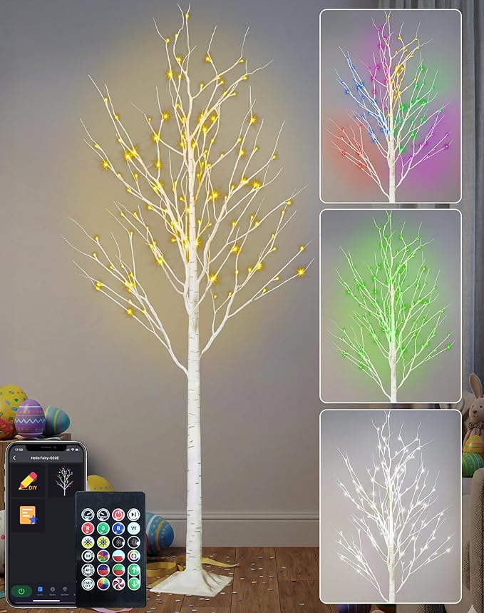 6FT Smart LED Birch Tree - Color Changing Lighted Tree with Bluetooth App Control, 16 Million Colors, Music Sync, Timer, Indoor/Outdoor Easter Decor for Home, Party, Christmas