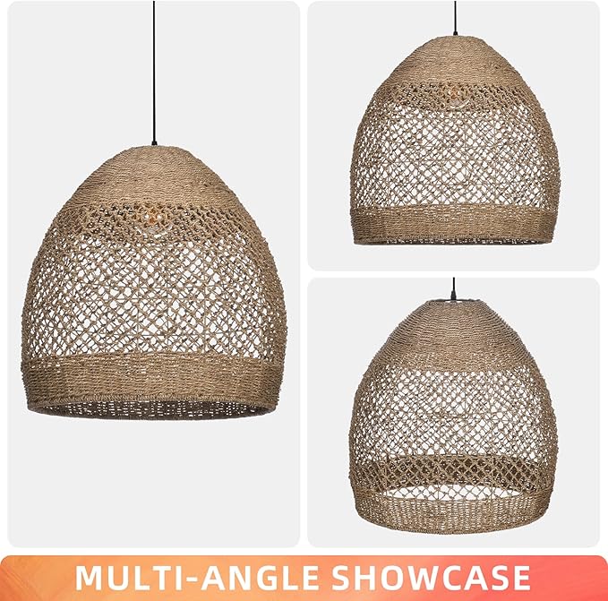 Arturesthome Large 23.6in Rustic Rattan Pendant Light,Basket Hanging Light Ceiling Lamp for Dining Room, Farmhouse Wicker Chandelier for Living Room Foyer Bedroom Hallway