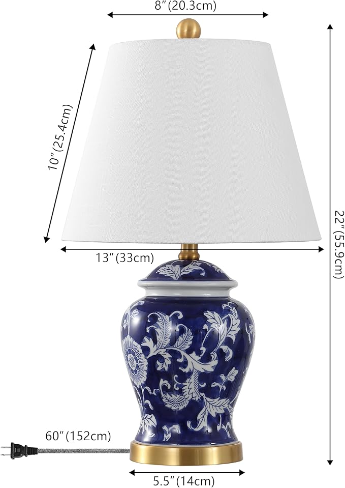 JONATHAN Y JYL3005D Penelope 22" French Country Cottage Ceramic/Iron Chinoiserie Ginger Jar LED Table Lamp, Navy/White for Bedroom, Living Room, Office, College