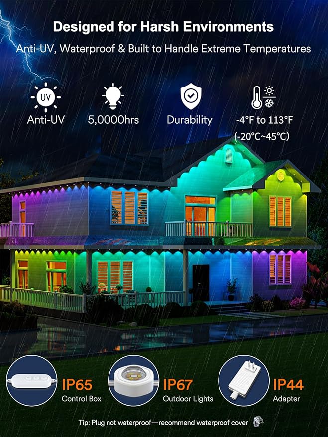 ANGELHALO Permanent Outdoor Lights Pro, 50ft with 36 LEDs for Daily and Accent Lighting, Multiple Scene Modes Eaves Lighting with Warm and Cool White, IP65 Waterproof, Compatible with Alexa
