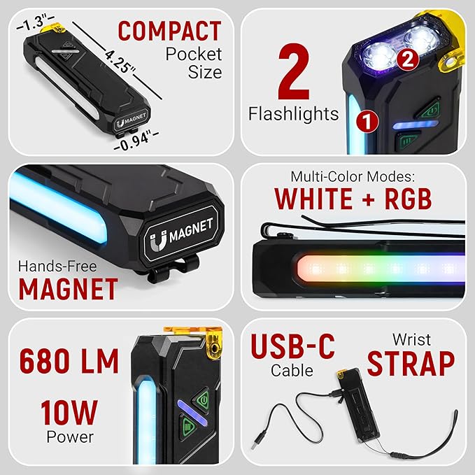 Rechargeable EDC Flashlight, 680 Lumens Waterproof Portable LED Flashlight with RGB Light, 10W USB-C Charging, Aluminum Alloy Magnetic Keychain Flashlight for Outdoor and Camping (Black)
